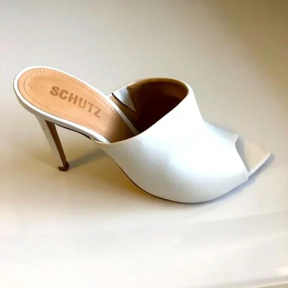SCHUTZ Trudy Stiletto Peep-Toe White Leather Mules 7.5 MSRP $180